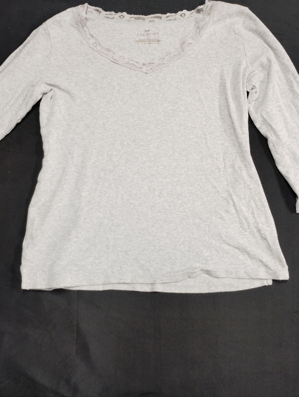 Talbots Light Gray Lace-Trim V-Neck Long Sleeve Tee